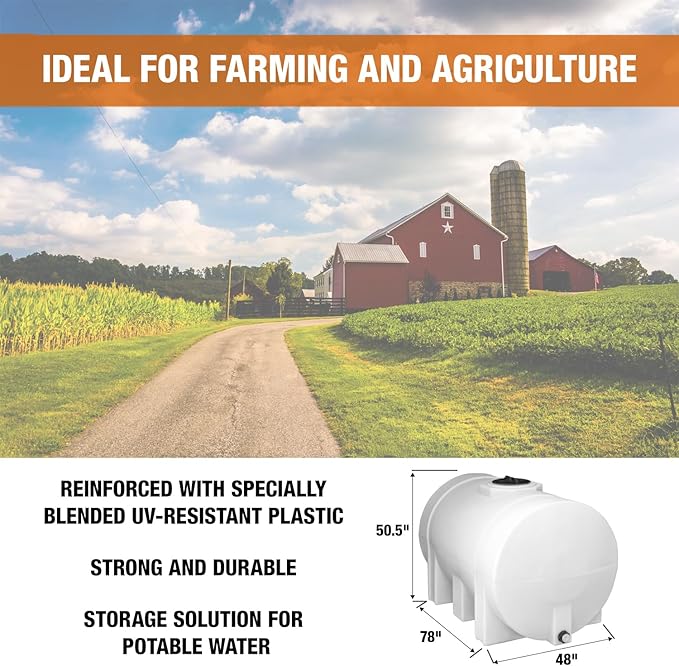 RomoTech 82124269 Horizontal Polyethylene Reservoir Water Tank w/Legs, 550 gal, Made in USA, Natural Poly Tank for Non-Flammable Liquids, UV-Resistant, Ideal for Agricultural Use, RV Water Storage