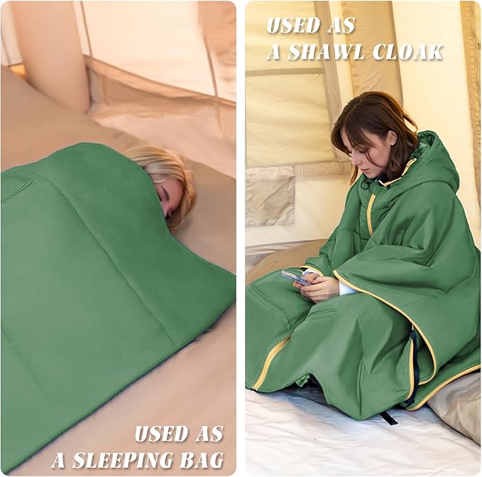 Outdoor Camping Blanket, Poncho Wearable Hoodie Blankets, Waterproof & Windproof, 75 * 55 inch, Warm, Durable & Portable, for Stadium, Concerts, Car Travel, Beach, Picnic, Grass