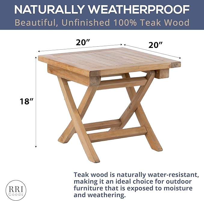 Teak Wood Folding 20”-Inch Outdoor Coffee Table - Perfect for Camping & Outdoor Entertaining - Ideal for Backyard, Front Porch, Balcony (Square)