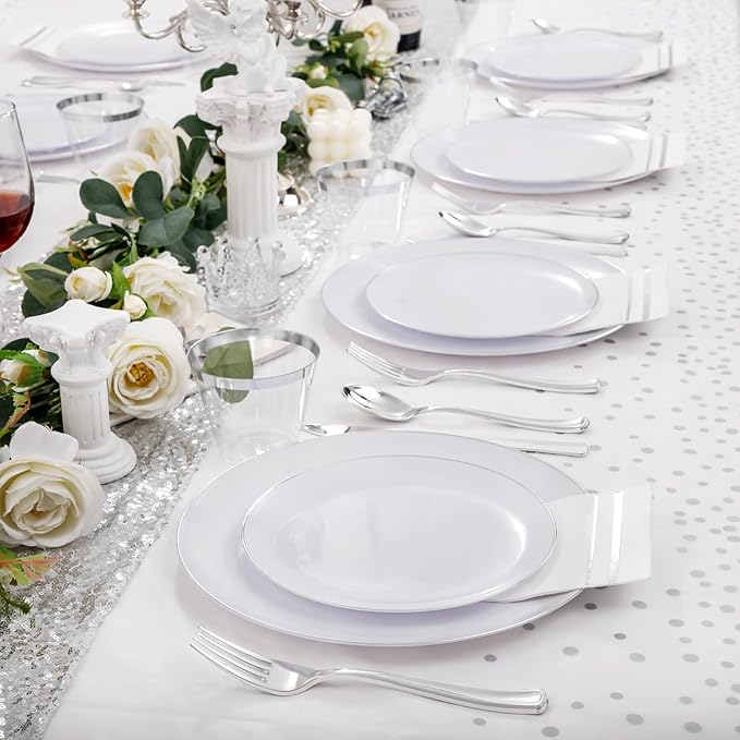 Festiva 176Pcs Silver Plastic Christmas Plates - Party Plates and Cups and Napkins Sets: 25Dinner Plates 25Dessert Plates 25Cups 25 Cutlery 25 Napkins 1Tablecloth for New Year Party&Wedding&Christmas