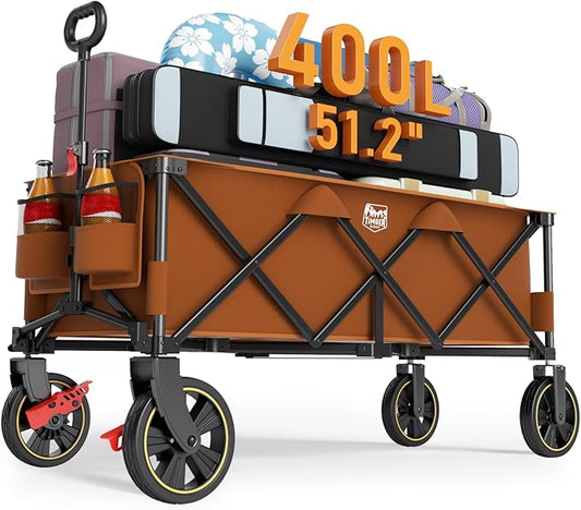 Timber Ridge 51.2'' Extended Collapsible Wagon Cart with Brakes and Cargo Net, 350LBS Heavy Duty Foldable Utility Wagon with Adjustable Handle, 400L Capacity Portable Cart for Camping Sports, Orange