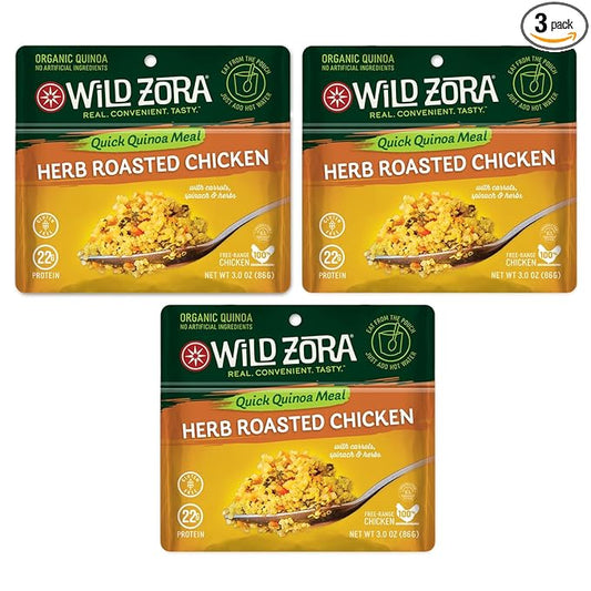 Wild Zora Instant Organic Quinoa Meals - Quick & Tasty Prepared Quinoa Bowls, Pantry Staples Gluten-Free Meal with Lentils Plus 10g Olive Oil Packet - Herb Roasted Chicken (3-Pack)