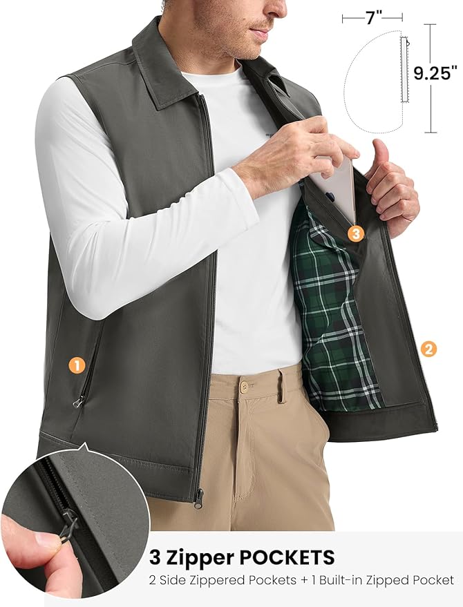 TBMPOY Men's Vest Casual Lightweight Thin Utility 3 Zip Pockets Stylish Sleeveless Jackets Summer Fall Golf Travel Business