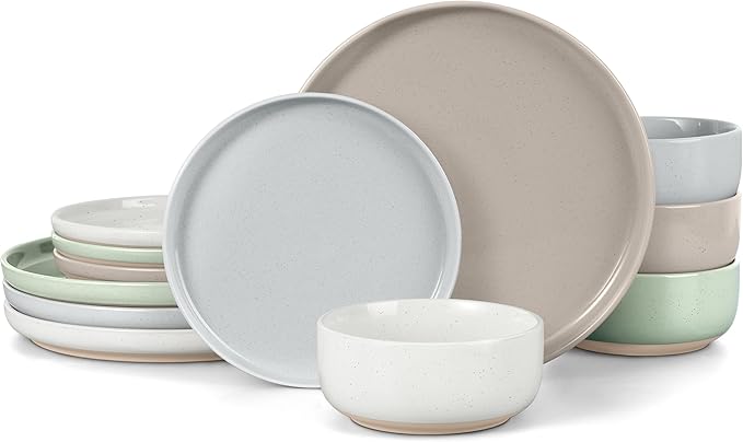 LIANYU 12 Piece Ceramic Dinnerware Set, Stoneware Dinner Dish Set for 4, Kitchen Modern Dishware Plates and Bowls, Scratch Resistant, Assorted Colors