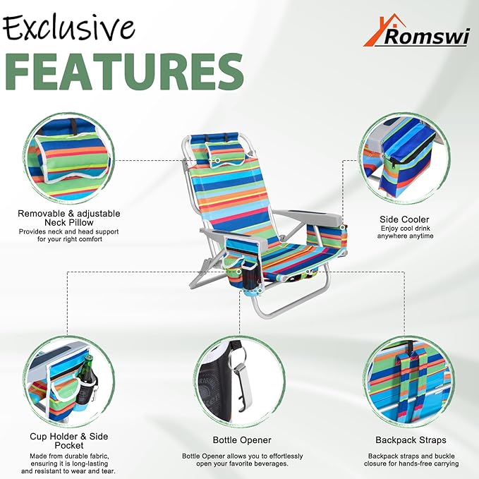 2Pk Aluminum 5-Position Lay Flat Folding Backpack Beach Chairs for Adults with Cooler Bag, Cup&Phone Holder, Towel Bar for Outdoor Lawn Picnic Sport, Portable Foldable Camping Chairs, Multi Stripes