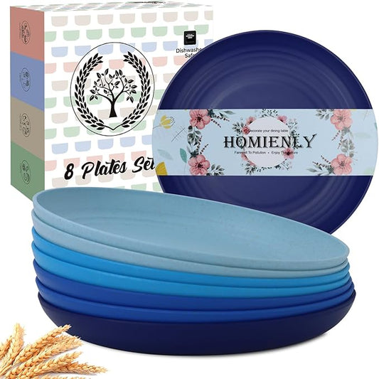 Homienly Deep Dinner Plates Set of 8 - Alternative to Plastic - Microwave & Dishwasher Safe - Unbreakable Kids Plates with 4 Colors (Blue Series, 9 inch)