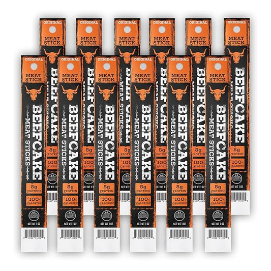 Beefcake Jerky Original Meat Sticks, Smoky Protein Snacks, 8g Protein Zero Sugar, Gluten Free Low Calorie Keto Friendly, Premium Quality Meat Sticks - 12 Sticks