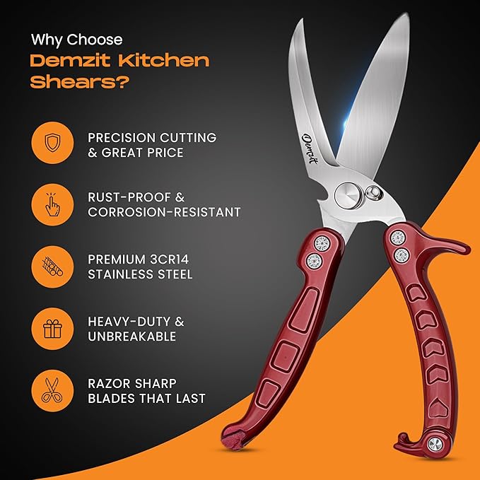Heavy Duty Poultry Shears – Kitchen Scissors for Meat, Chicken, Turkey, and Vegetables – Non-Slip Handle, Safety Lock, Dishwasher Safe