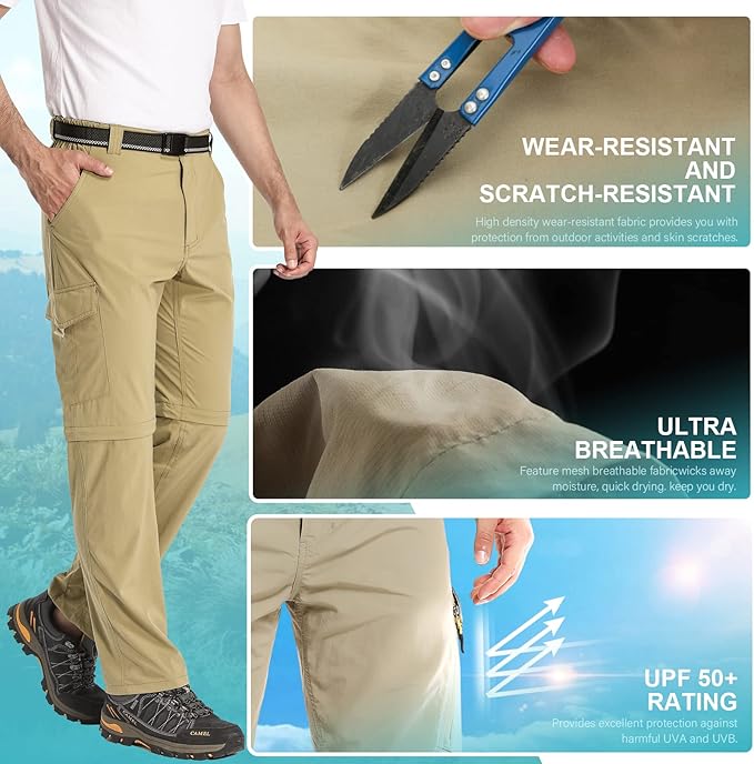 Mens Hiking Pants Convertible Lightweight Quick Dry Zip Off Fishing Safari Camping Travel boy Scout Pants