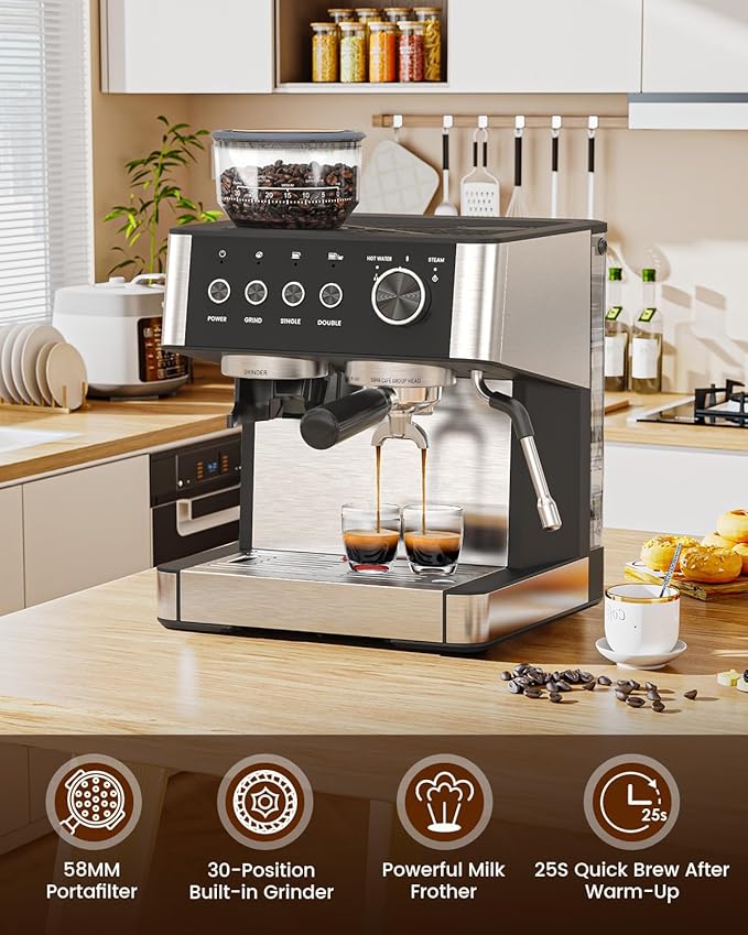 (2025 Upgrade)20 Bar Espresso Machine with Built-in Anti-Clog Coffee Grinder, Expresso Coffee Machines with Milk Steam Wand/Frother/Tamping Tools,Espresso Maker with Grinder for Lattes-Charcoal