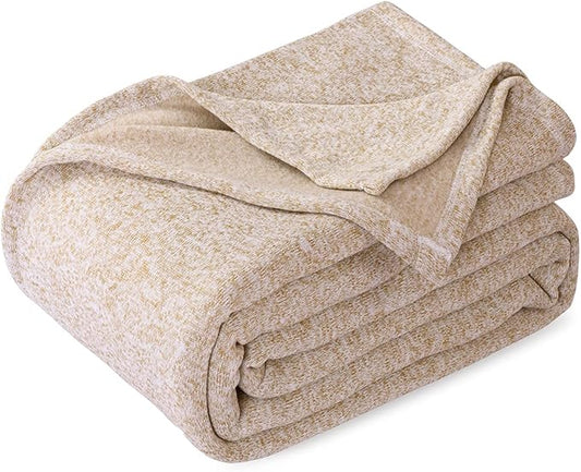 KAWAHOME Summer Sweatshirt Throw Blanket for Bed-Lightweight Breathable Blankets,Soft Thin Knit Jersey Throw Blanket for Hot Sleepers,50 X 60 Inches, Heather Camel