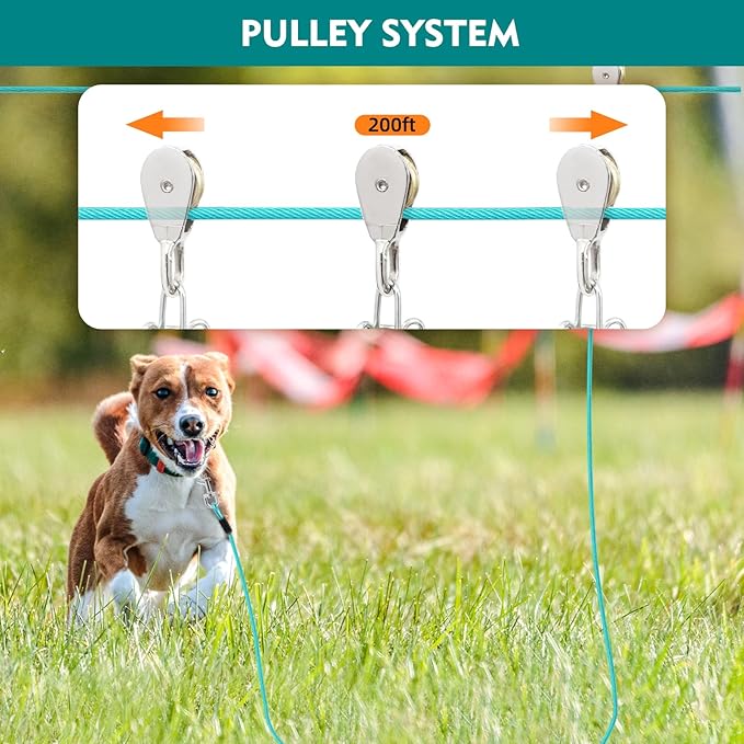 200FT Dog Runner for Yard with 10FT Tie Out Cable - Heavy Duty Trolley System for Large Dogs Up to 250LBS, Backyard/Park/Camping Use (Ice Blue, 200FT+10FT)