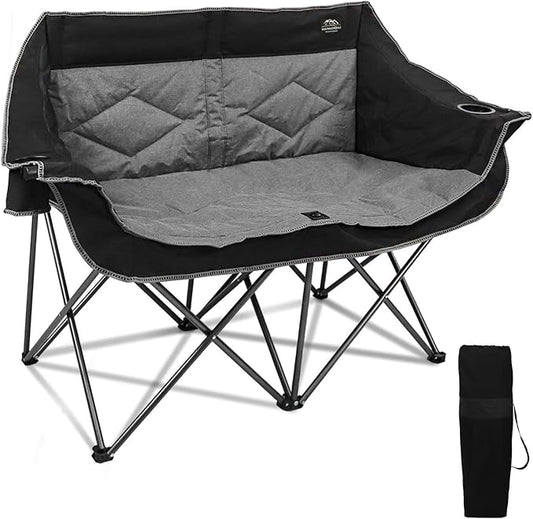 Folding Loveseat Camping Chair,Portable Double Chair w/Cup Holder,Wine Glass Holder,Carry Bag Heavy Duty Lawn Chair for 2 Adults,Perfect for Camp,Hiking,Picnics and Beach Trips,Black