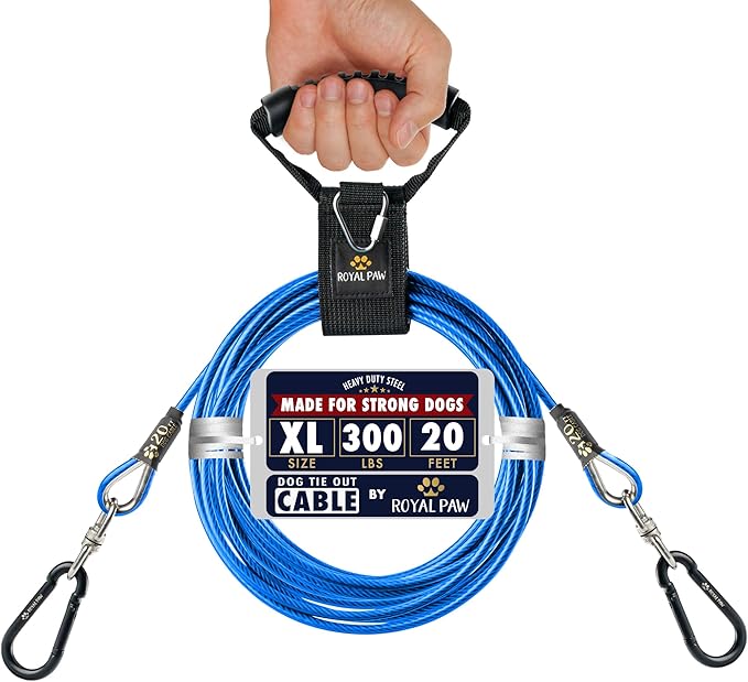 Dog Tie Out Cable - Tie Out Cable for Dogs (up to 300 lbs) - Use Dog Tie-Outs & Stakes for Outside - Best Heavy Duty Dog Leash for Large Dogs (20ft - Blue Cobalt)