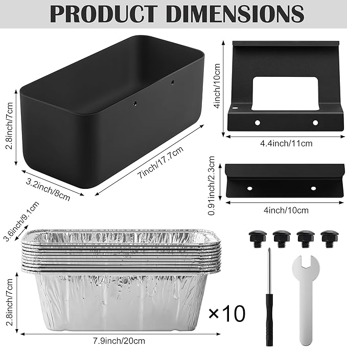Grill Grease Catcher for Blackstone Griddle with 10 Pack Grease Cup Liners Aluminum Foil Tray Pan Drip Tray Pan for 17, 22, 28 & 36 inches Griddle (Short Hook + Long Hook)
