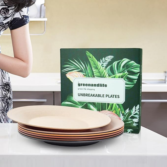 greenandlife 10inch/6pcs Dishwasher & Microwave Safe Wheat Straw Plates, Alternative for Plastic Plates, Lightweight Reusable Unbreakable Dinner Plates, Non-toxin, BPA Free for Kids Adults
