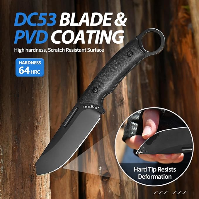 Fixed Blade Knife with Sheath, 4.0” DC53 Steel blade with Black Titanium Coating and G10 Handle Full Tang Outdoor Camping Hiking Survival Knives for Men Women