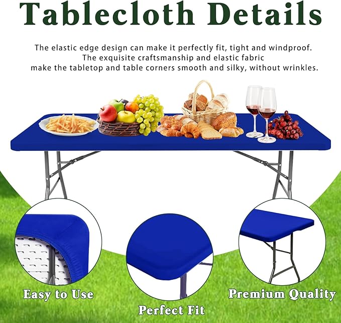 Picnic Table Cover 10 Pack Elastic Fitted Tablecloths for 8 Foot Rectangle Tables Waterproof Stretch Washable Patio Folding Outdoor Spandex Table Cloth Camping Banquet Parties (Royal Blue,30" x 96")