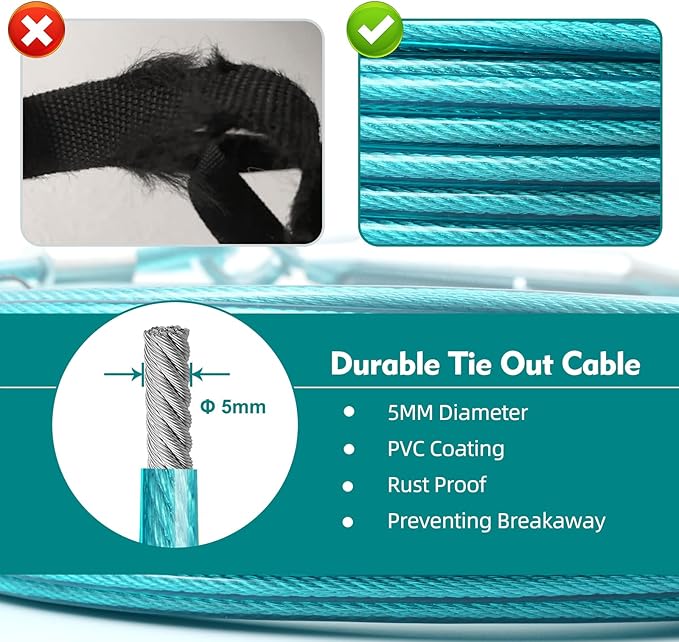 200FT Dog Runner for Yard with 10FT Tie Out Cable - Heavy Duty Trolley System for Large Dogs Up to 250LBS, Backyard/Park/Camping Use (Ice Blue, 200FT+10FT)