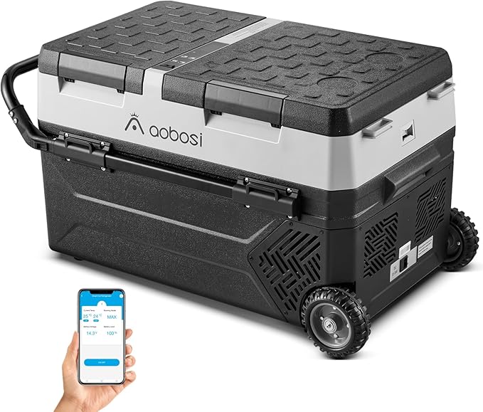 AAOBOSI 12 Volt Car Refrigerator, 42L Portable Car Fridge Freezer Electric Cooler Dual Zone Extension Handle, 12/24V DC and 110-240V AC, Mini Fridge for Camping, Travel, Truck, RV