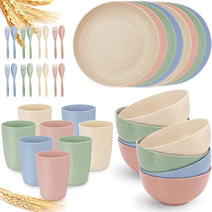shopwithgreen Wheat Straw Dinnerware Sets for 8, 40 PCS Unbreakable Plates and Bowls Sets, Reusable Dinner Dishes Set, Bowls, Cups,Plates for Camping, Kitchen, RV, Dorm,Dishwasher Microwave Safe