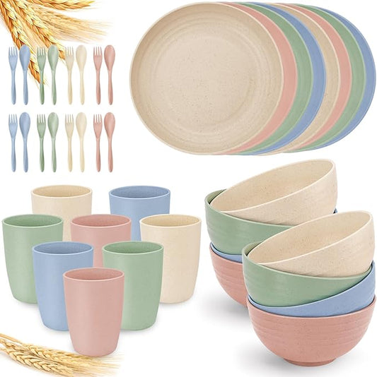 shopwithgreen Wheat Straw Dinnerware Sets for 8, 40 PCS Unbreakable Plates and Bowls Sets, Reusable Dinner Dishes Set, Bowls, Cups,Plates for Camping, Kitchen, RV, Dorm,Dishwasher Microwave Safe