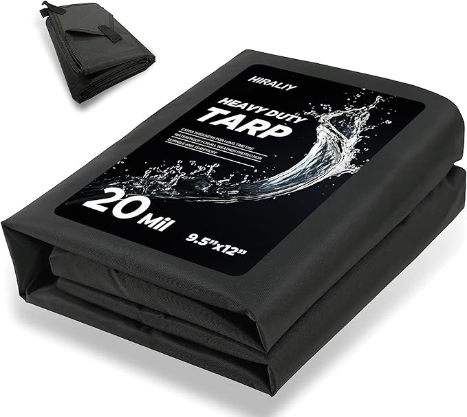 HIRALIY 20 Mil Heavy Duty Waterproof Tarp, Cut Size 10x12ft Black Tarpaulin with Reinforced Webbing Loops, Multipurpose Oxford Canvas Tarp for Firewood, Roof, Camping, Pool
