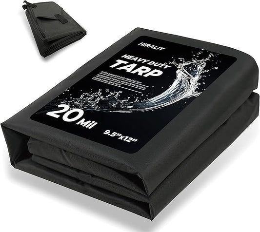 HIRALIY 20 Mil Heavy Duty Waterproof Tarp, Cut Size 10x12ft Black Tarpaulin with Reinforced Webbing Loops, Multipurpose Oxford Canvas Tarp for Firewood, Roof, Camping, Pool