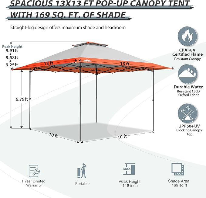 EAGLE PEAK 13x13 Straight Leg Pop Up Canopy Tent Instant Outdoor Canopy Easy Single Person Set up Folding Shelter w/Auto Extending Eaves 169 Square Feet of Shade (Orange)