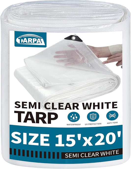 TARPAL 15'x20' Semi Clear White Tarp Waterproof Green House Cover with Grommets 7.5mil Clear Poly tarps for Gardening,Farm, Garden,Chicken Coops，Outdoor