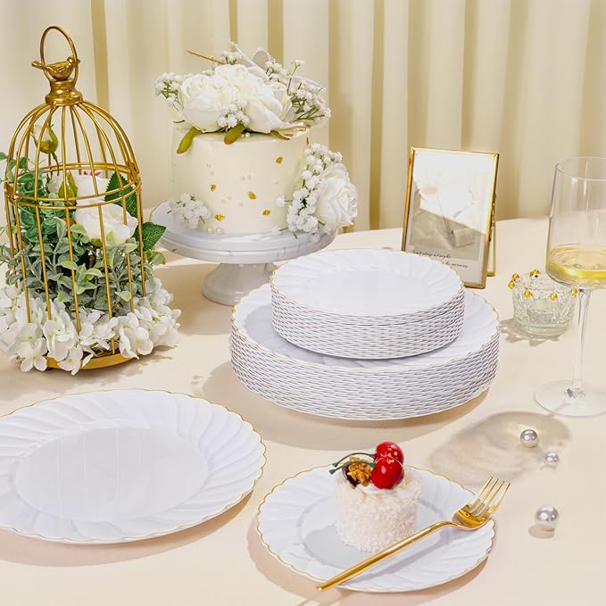 U-QE 60 Pcs White Plastic Plates with Gold Trim – Scalloped Plastic Plates Heavy Duty - Include 30 10.25" Dinner & 30 7.25" Dessert Plate – Perfect for Weddings, Bridal Showers and Party
