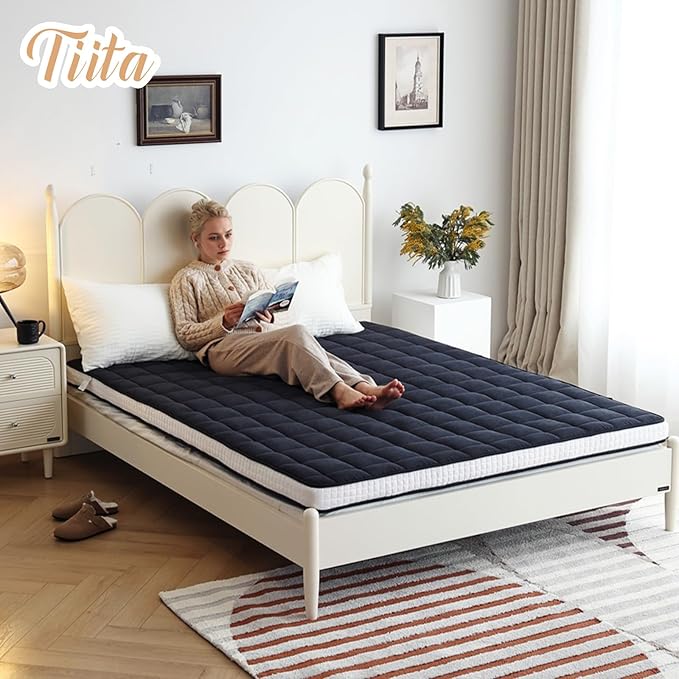 Tiita Japanese Floor Mattress, 4” Thicken Futon Mattress with Storage Bag and 2 Straps, Full Size Sleeping Tatami Mat for Adults，Black