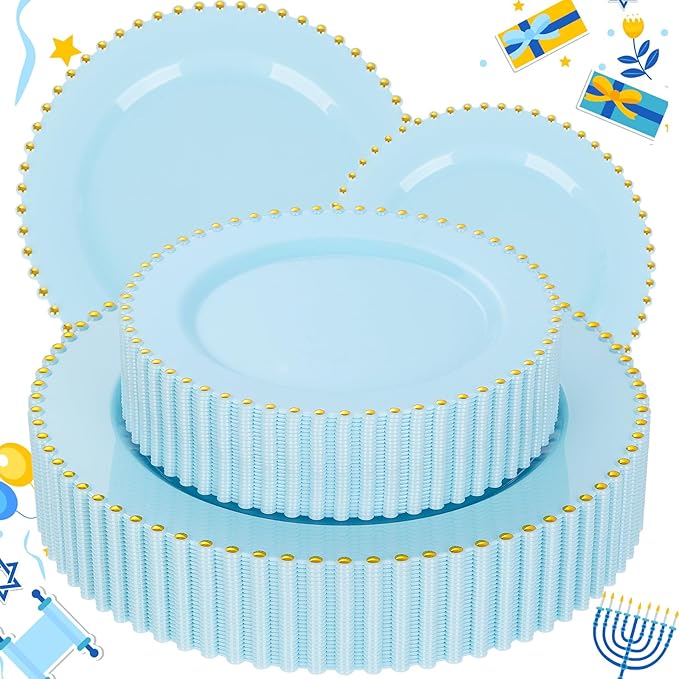 EI 60pcs Blue Plastic Plates,Dispoable Heavy Duty Plastic Plates with Gold Rim,Baby Blue Dessert/Dinner Plate,Fancy Elegant Plate for Party,Birthday,Afternoon Tea