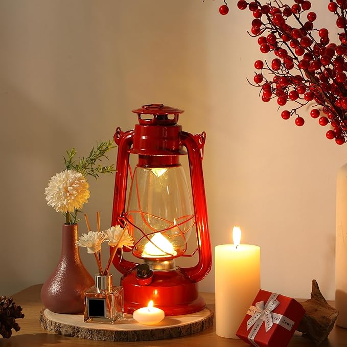 Hortsun 2 Pcs 12 Inch Vintage LED Hurricane Lantern Metal Red Outdoor Battery Operated Hanging Lantern with Warm LEDs and Dimmer Switch for Indoor Rustic Farmhouse Country Camping Decor