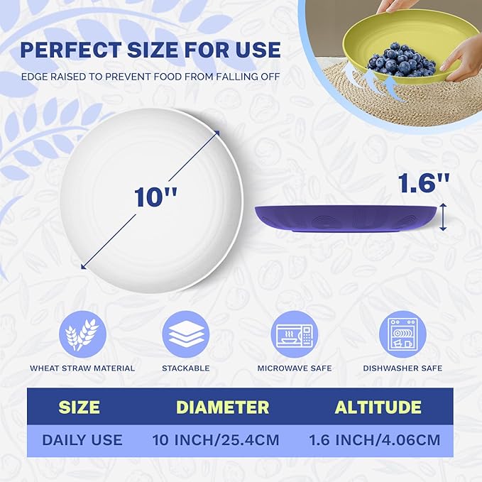 Homienly Wheat Straw Plate Set Reusable Dinner Plates 10 Inch Alternative to Plastic Plates Microwave & Dishwasher Safe Plates for Kitchen, Outdoor, Camping 4 PCS - Mondrian Colors