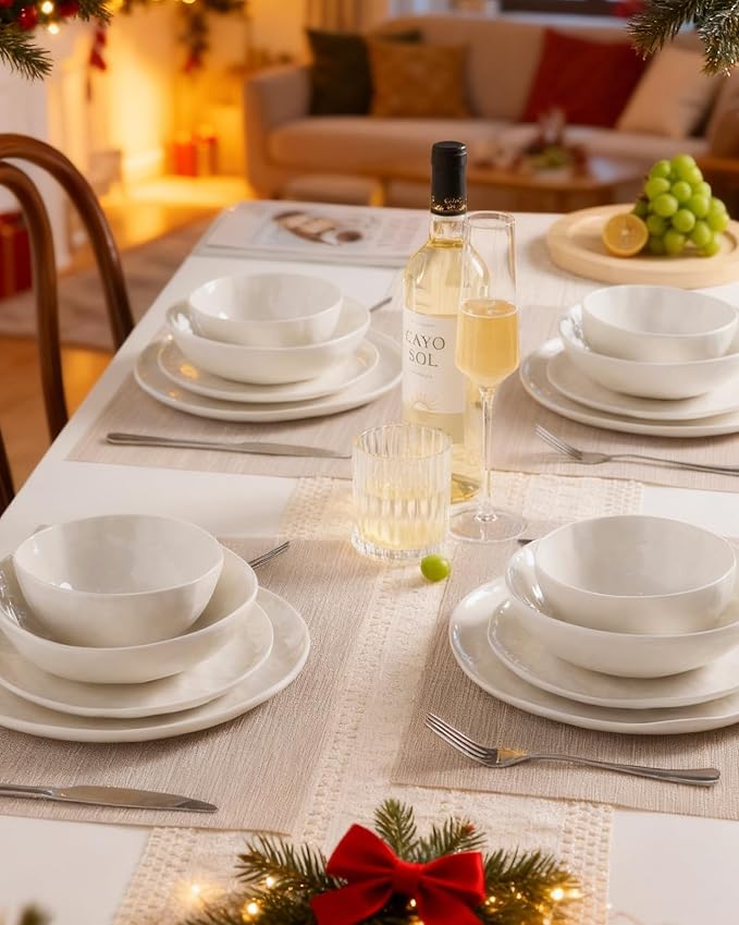 Famiware Porcelain kitchen plates and bowls set, Modern dishes set for 4, Handmade Wave Edge Dinnerware Sets, Microwave and Dishwasher Safe Tableware, Polar White (16pc)