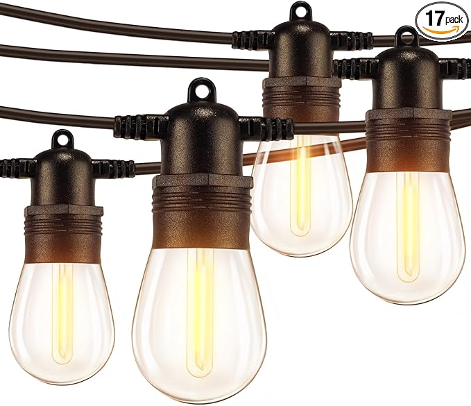 Ollny Outdoor String Lights, 50 FT Waterproof Connectable Patio Lights with 15 Shatterproof Bulbs(2 Spare), Outside Hanging Light for Balcony, Porch, Yard, Garden, Backyard