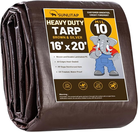 10 Mil Heavy Duty Waterproof Tarps, 16x20 Ft Finished Size Tarps, Premium Tarp with Metal Grommets & Reinforced Edge, Multipurpose Thick Poly Tarp for Car, Boat, Roof, Camping - Brown