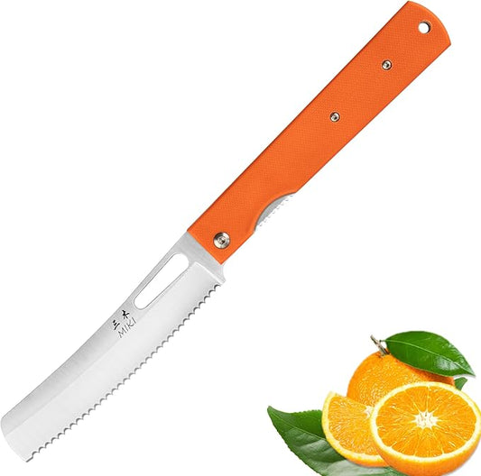 Miki 440A Stainless Steel Blade Japanese Chef Folding Pocket Knife for Outdoor Camping Cooking, Orange G10 Handle Folding Serrated Bread Knife