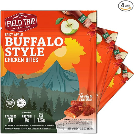 Field Trip Chicken Jerky Bites, All Natural and Gluten Free, Keto and Paleo-Friendly Healthy Snack, Low Calorie, High Protein Snacks with No Nitrates, 2.2oz Bag, 4 Pack, Spicy Buffalo Style