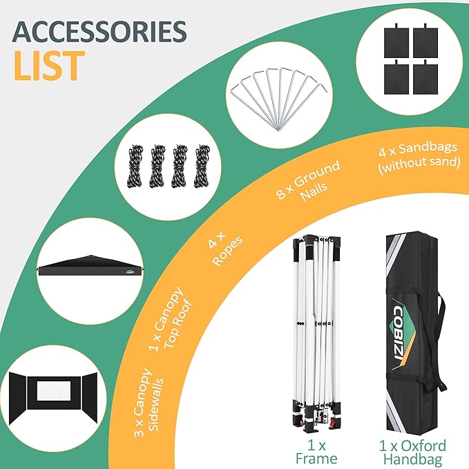 COBIZI Canopy Tent 10x10, Easy Up 10x10 Pop Up Canopy for Party Camping, Party Tents with One Push Central Button Air Vent, Outdoor Gazebo Tent with Sidewalls and Reflective Strip(Black)