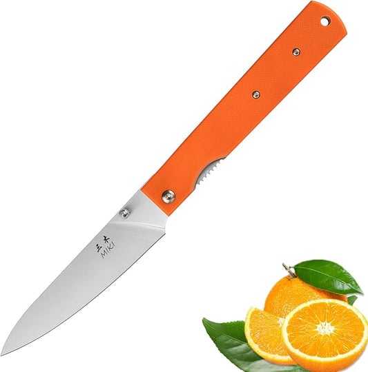 Miki 440A Stainless Steel Blade Japanese Kitchen Chef Folding Pocket Knife for Camping Knife,orange G10 Handle Petty Knife Fruit Knife Paring Knife Peeling Knife Small Drop Point