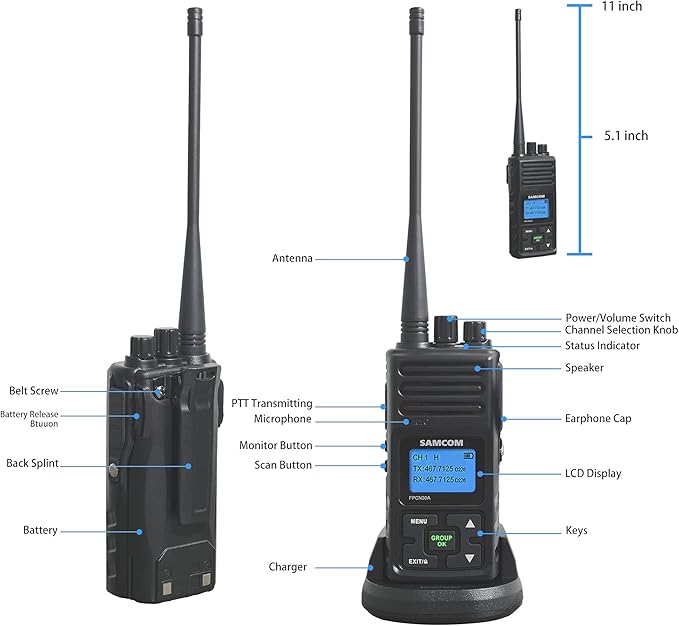 SAMCOM 5Watt Walkie Talkie Long Range Two Way Radio Rechargeable with Speaking Mic, SAMCOM 2-Way Radios Heavy Duty Walky Talky with Shoulder Mic for Restaurant Hotel (2 Pcs Radio + Speaker Mic)
