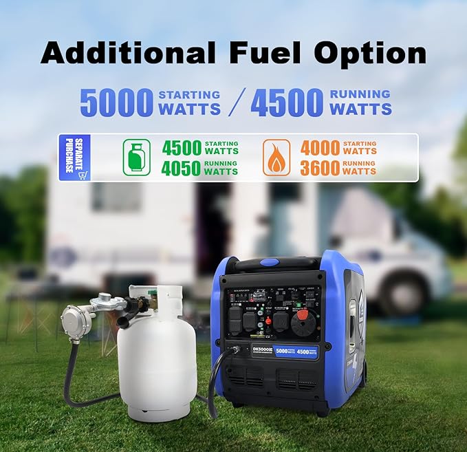 DK 5000W Gas Inverter Generator, Electric Start, 120V 240V Full Power Output, Dual or Tri-fuel Conversion Possible, Wheel & Handle Kit, for Outage Home Backup Power Tool (DK5000iE)…