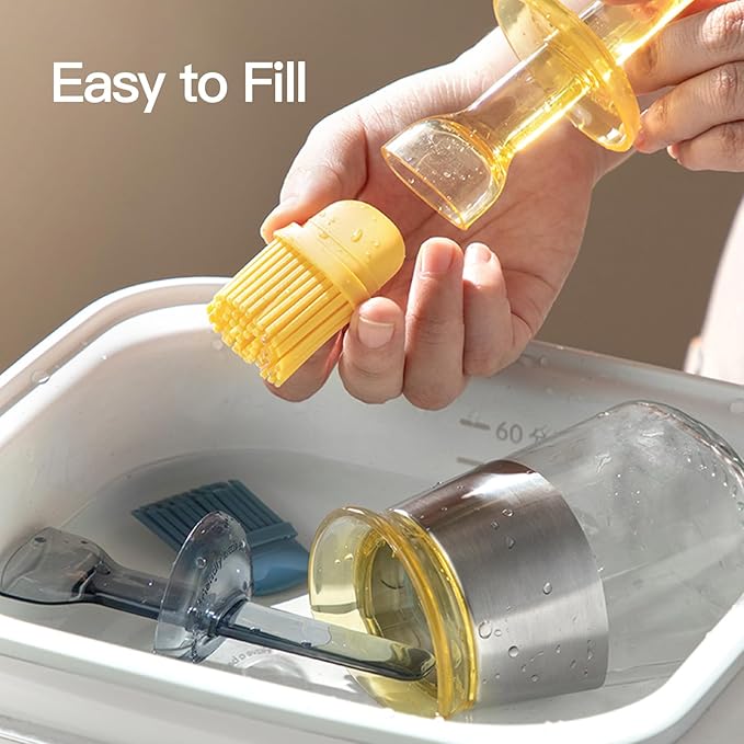 Oil Bottle Brush, 9 oz Olive Dispenser Bottle with Brush,Silicone Basting Brush Oil Separator for Cooking, Glass Oil Dispenser for Kitchen Barbecue Sauce Grill Frying (Yellow,270 ml)