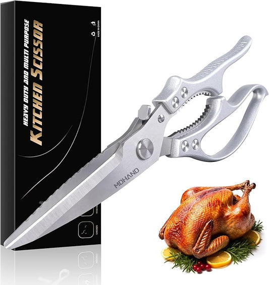 MDHAND Heavy Duty Poultry Shears, Kitchen Food Scissors All Purpose for Meat Cutting, Chicken Fish Fruit Vegetables, Dishwasher Safe Kitchen Shears with Anti-Slip Handle & Safety Lock, Spring Loaded