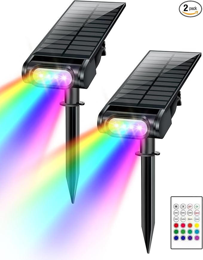 Solar Spot Lights Outdoor, 12 Color Modes Landscape Light Waterproof IP67 with Remote, 2-in-1 Color Changing/Cool/Warm White Solar Lights Outdoor for Yard Trees Garden Pool(Multicolor, 2 Pack)