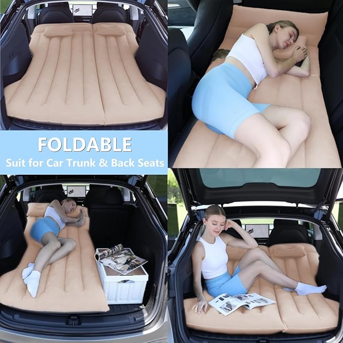Car Air Mattress for Tesla Model Y, Inflatable SUV Mattress Camping Bed fit Cars RV Van Truck Backseat Trunk, Foldable Portable Bed Sleeping Pad Tent Mat for Car Home Camping Travel (Beige)