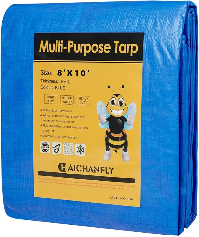 Double-Sided Waterproof Poly Tarp 8x10 Feet 5mil Thick Polyethylene Tarps, Perfect for Outdoor Use, Plastic Cover & Mat for Tent Camping Storage Boat Bikes Vehicles