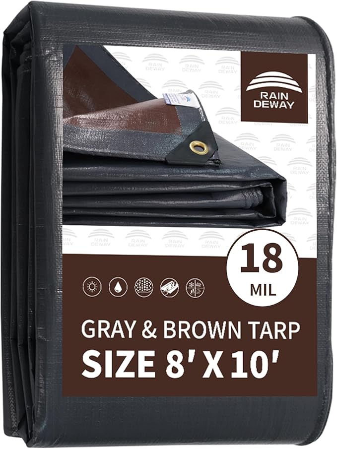 RAINDEWAY 8x10 Feet Super Heavy Duty Tarp 18 Mil, UV Resistant, Weatherproof, Multipurpose Waterproof Poly Tarp with Grommets and Reinforced Edges, Brown/Gray Tarps